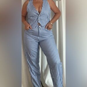Blue and White Striped Women's two piece set pinstripe